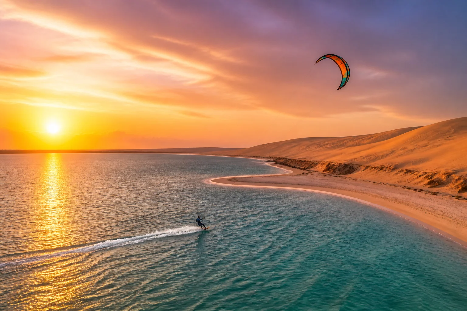 Kitesurf a dakhla maroc au coucher du soleil
