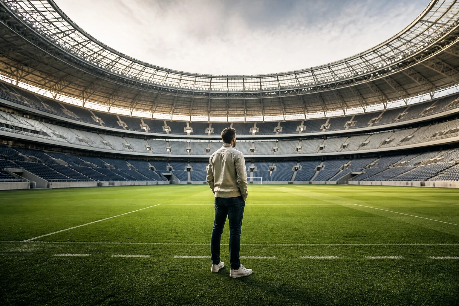 Homme contemplant un stade de football vide
